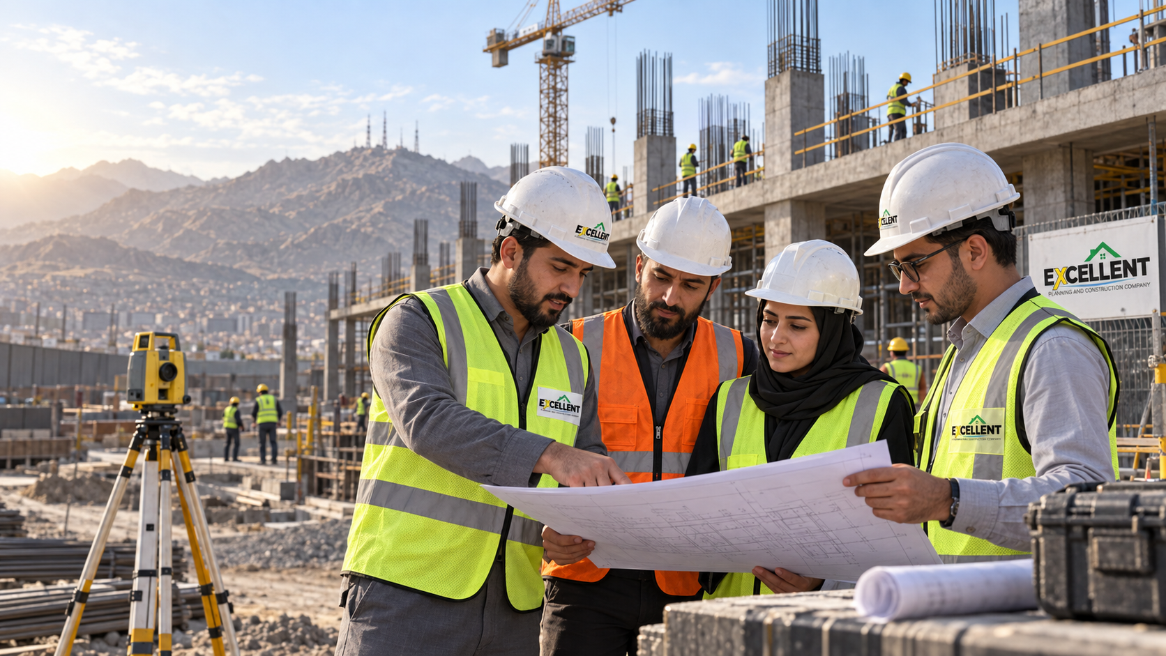 EPCC engineering and construction professionals reviewing project drawings at an infrastructure worksite