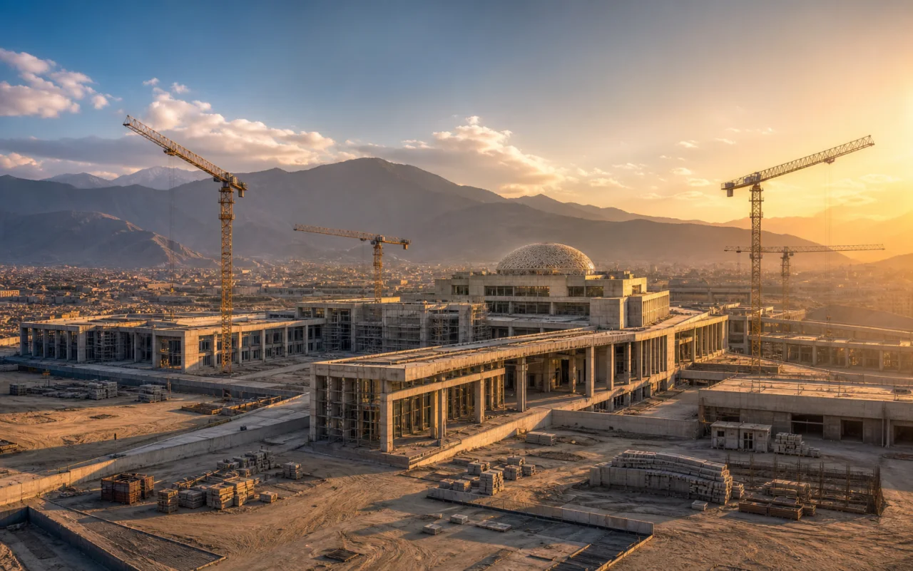 Demonstration visualization of a civic complex under construction against a mountain skyline