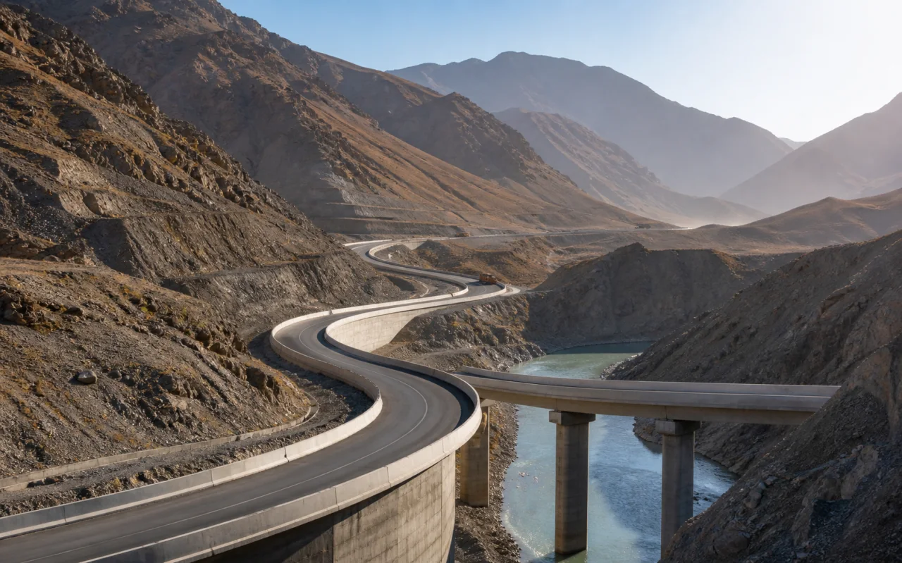Demonstration visualization of a mountain highway and concrete bridge crossing a river gorge