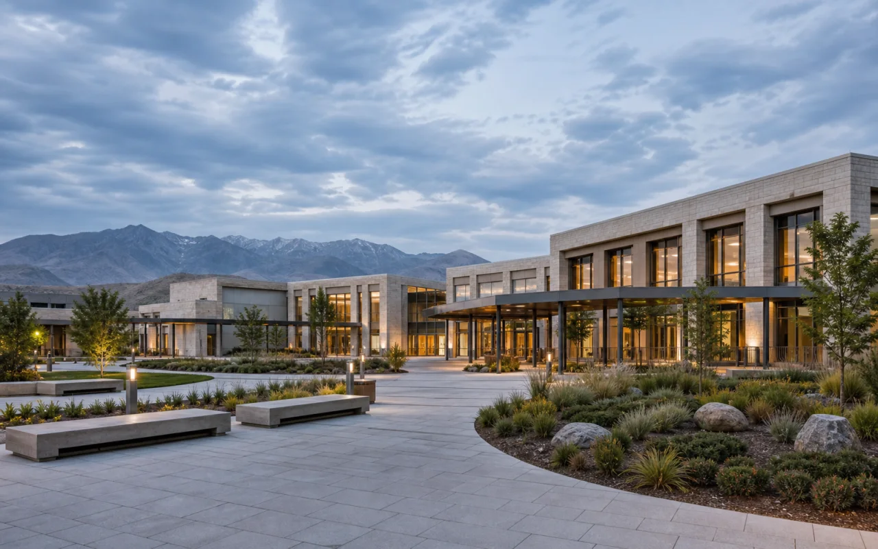 Demonstration visualization of a completed contemporary healthcare campus and landscaped plaza
